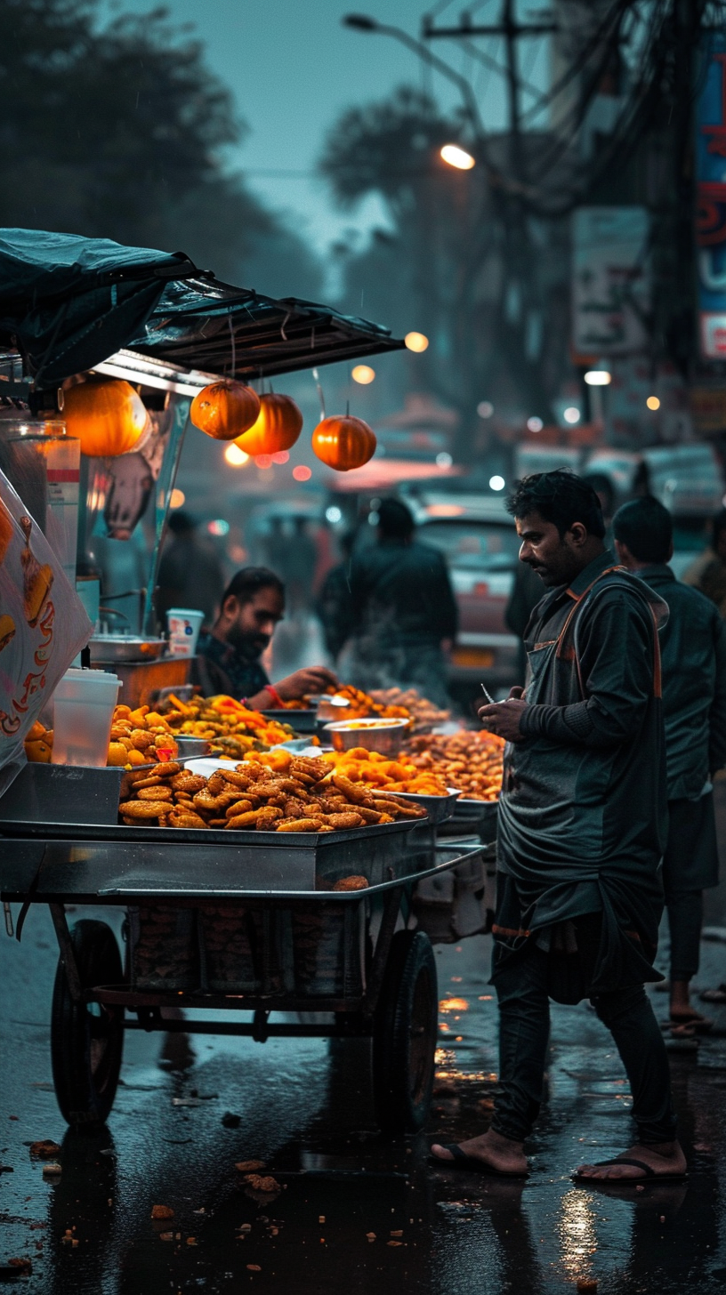 Crowded streets, rain, greasy restaurants, pedestrians and lanterns.