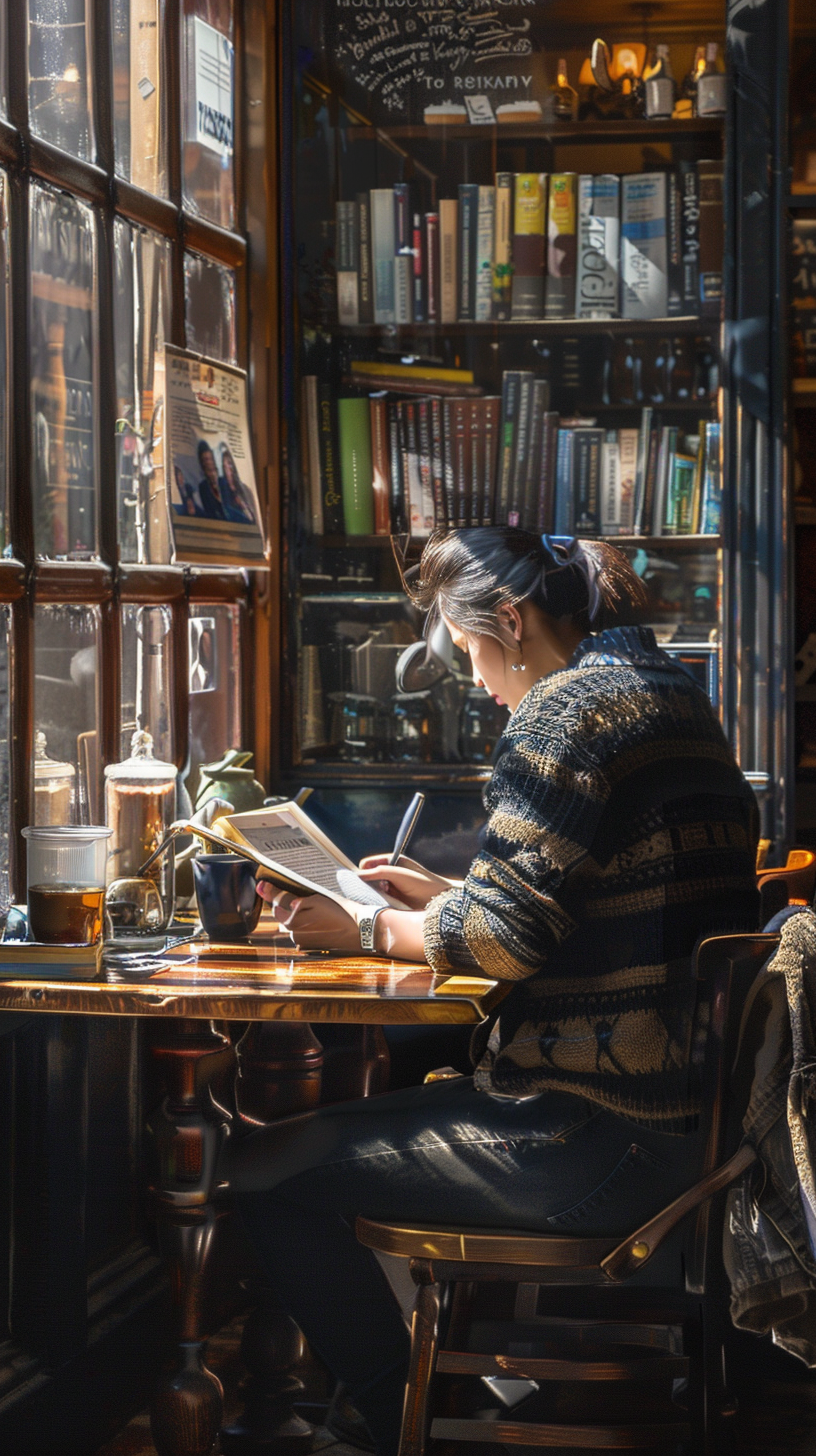 Study time in the library: books, teapots, bookshelves, natural light and quiet time.