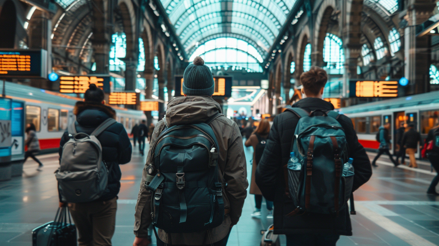 These young people were running around the train station in their winter clothes and were busy in the train station.