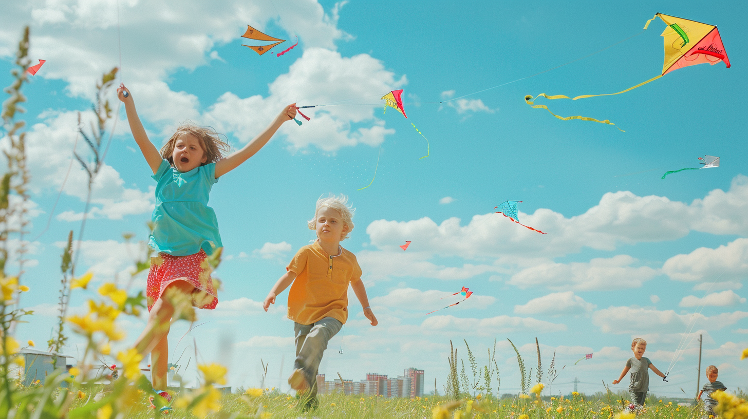 The children tied the dragon to the grass, followed by a colorful dragon.