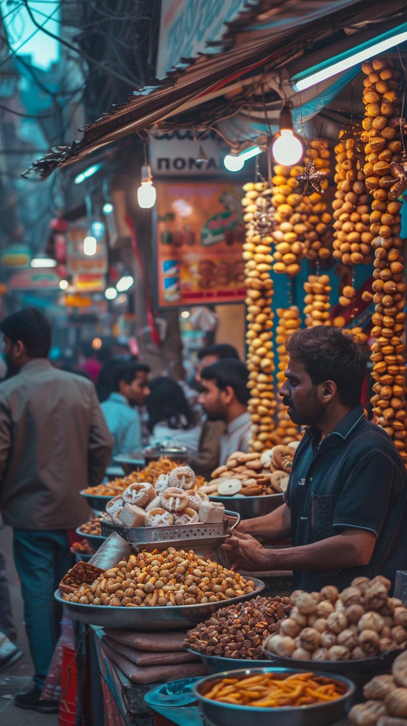 Men run through stalls, markets and stickers.