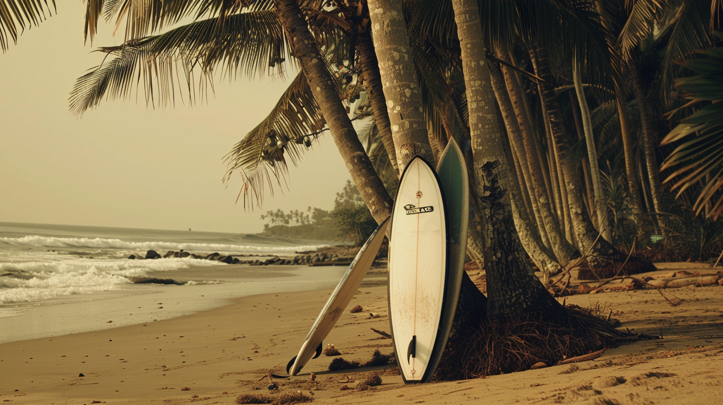 Waves, waves, skateboards on the beach, sky in the sun.