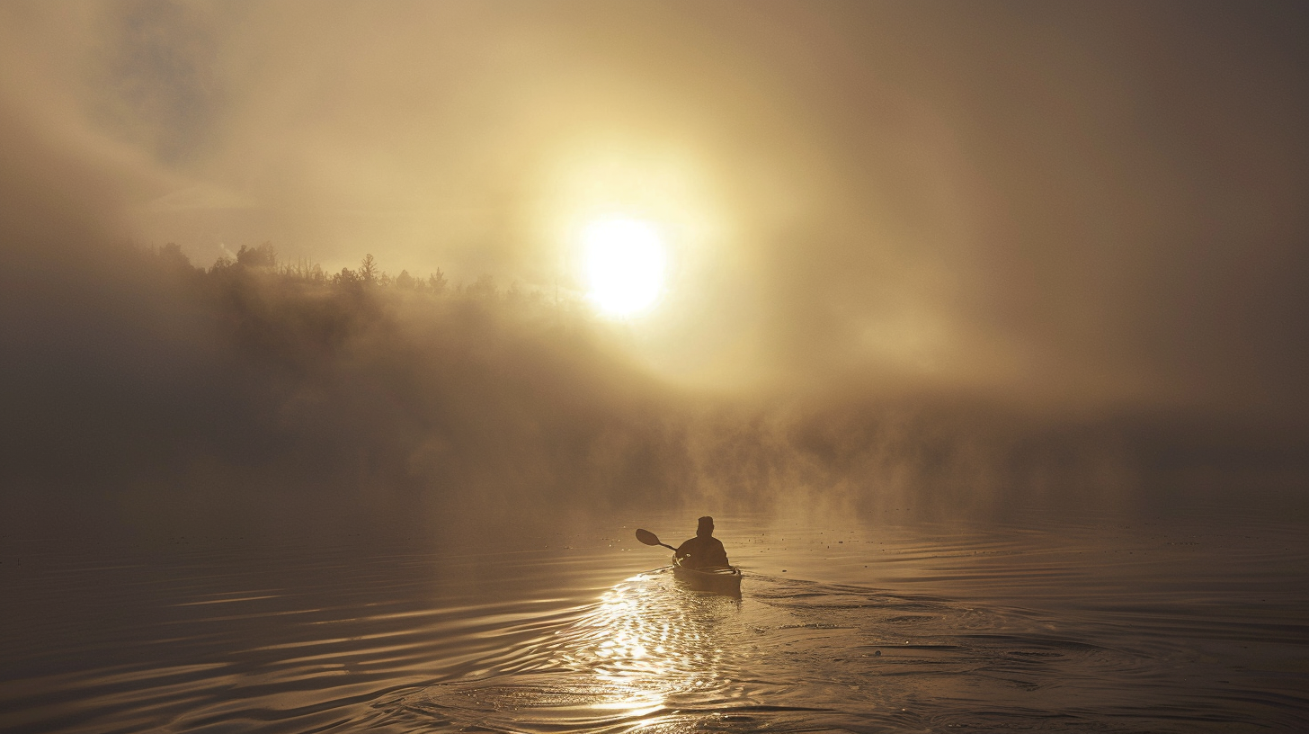 In the morning mist, the rowers swayed without saying a word.