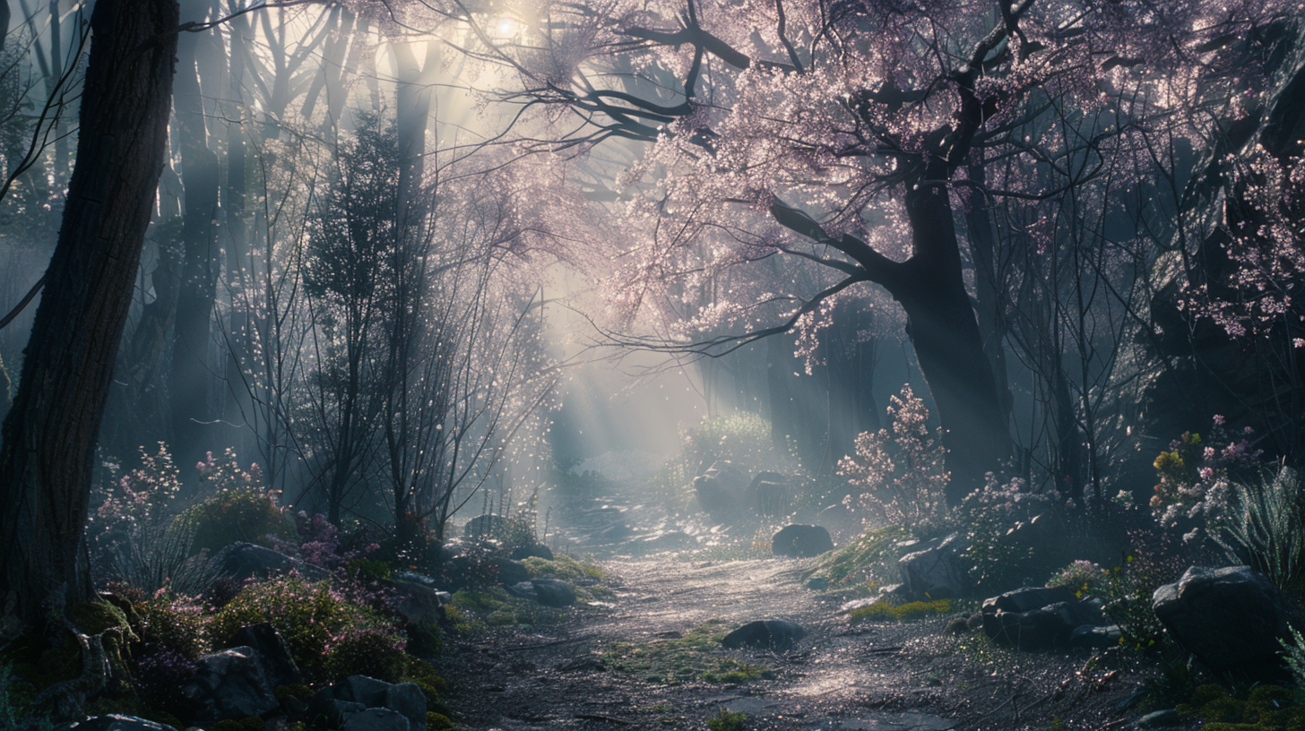 The road through the woods passes through the dark green lights.