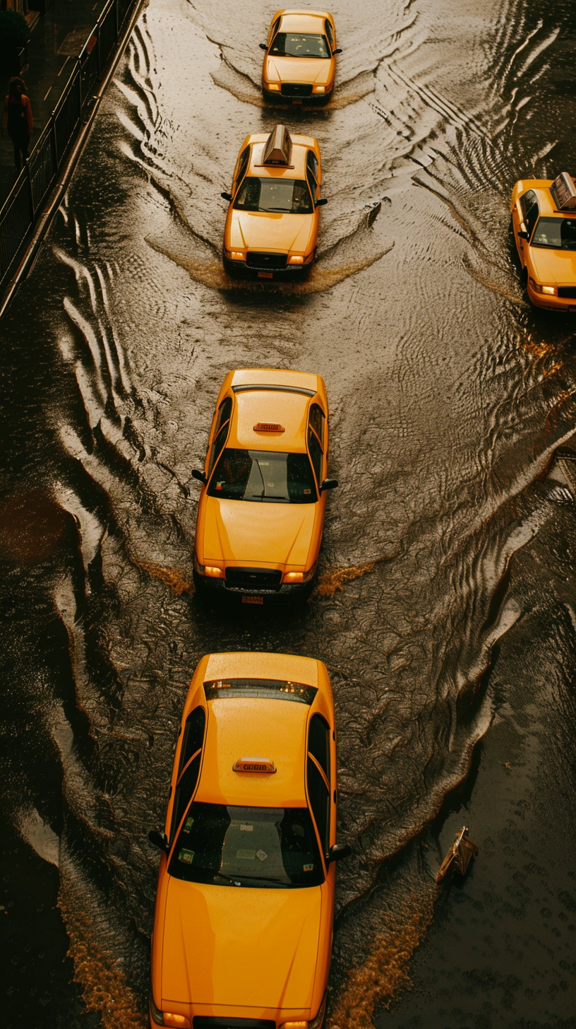 Cars were submerged, streets were submerged, and the sky covered the clouds.