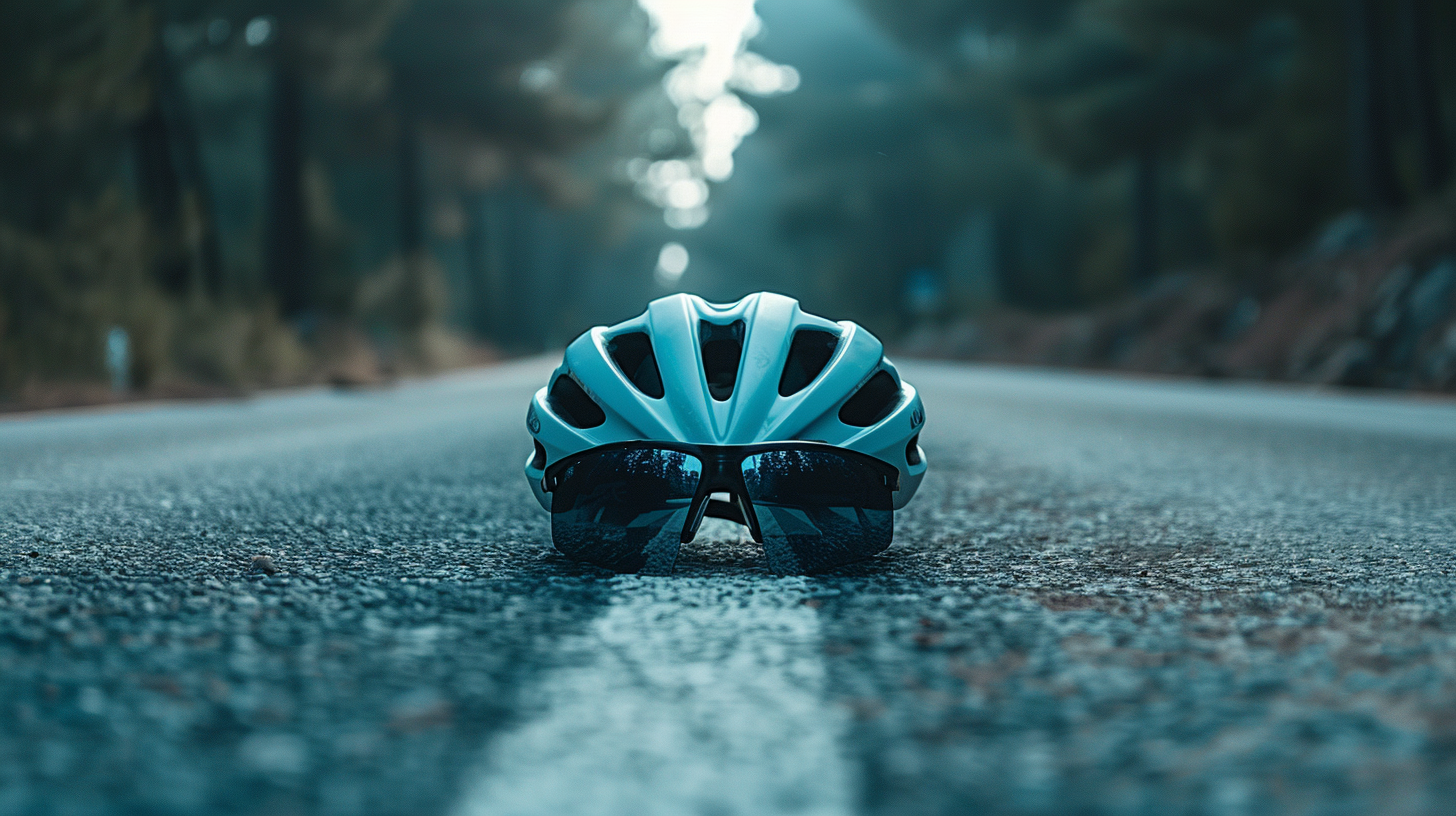 Blue helmet, black glasses, on the street, the woods behind him barely blurred.