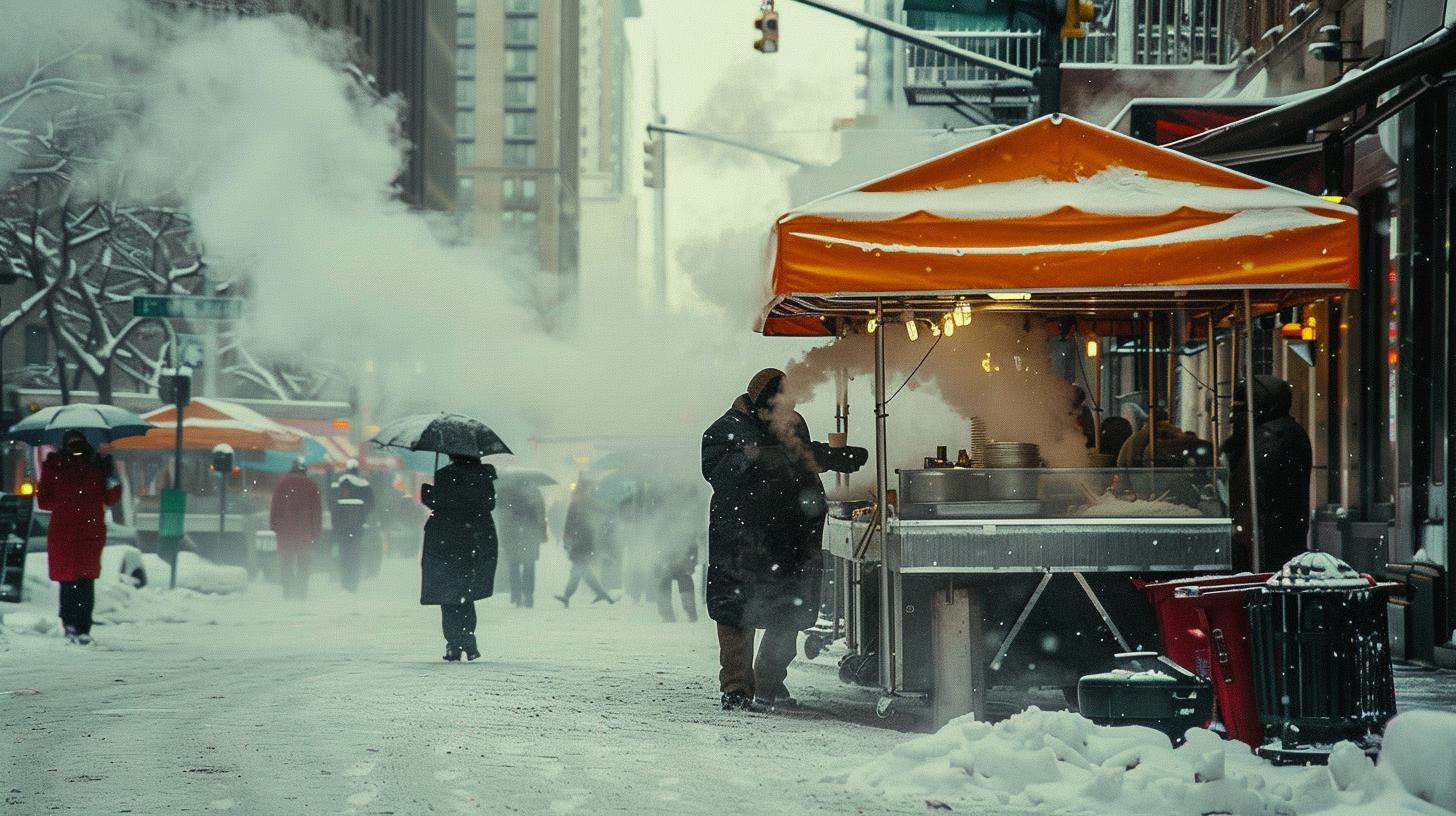 Women filled small pavilions with shovels and snow-covered buildings.