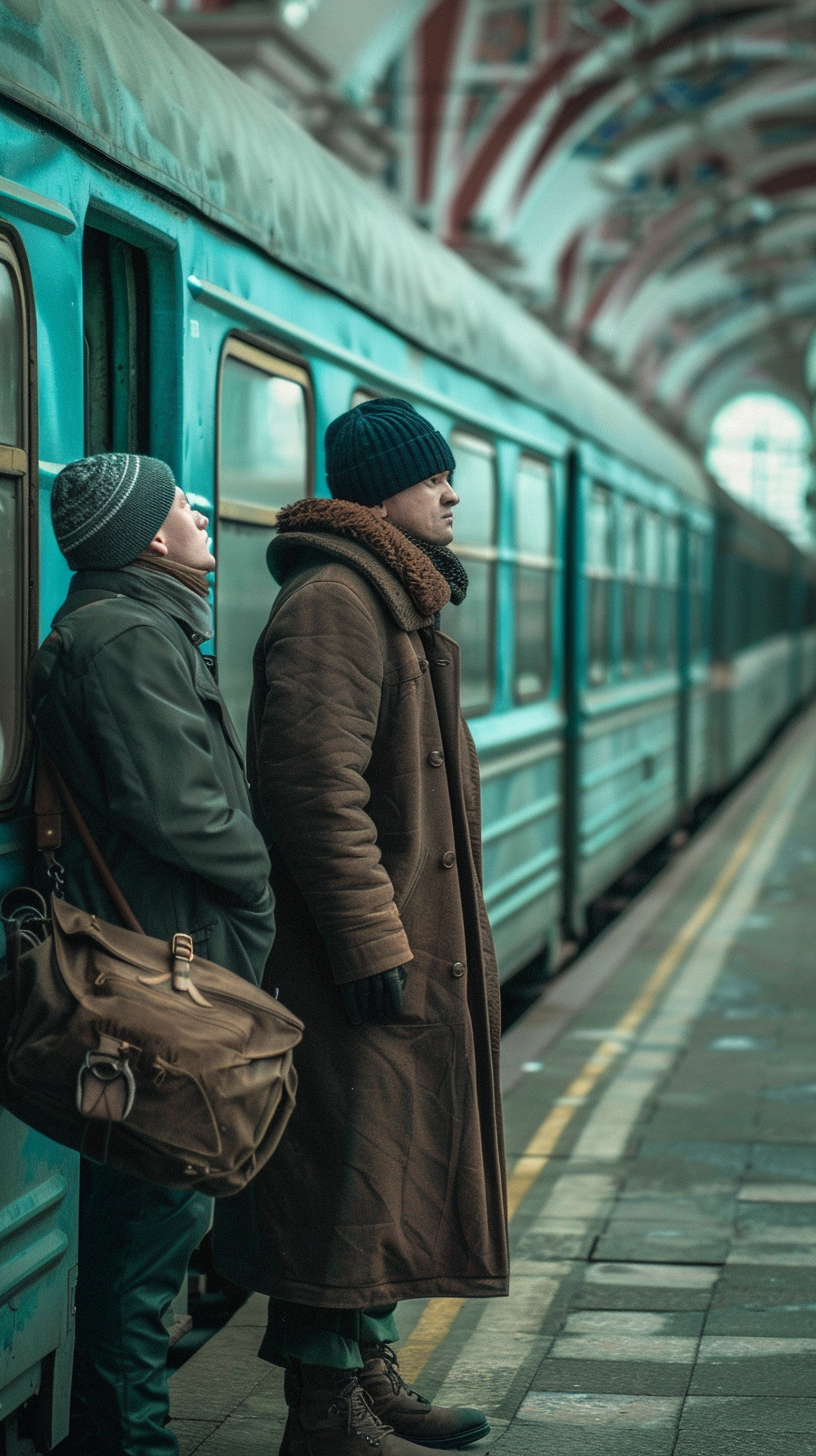 Two men with backpacks were standing on the platform in front of a blue train on a blue background.