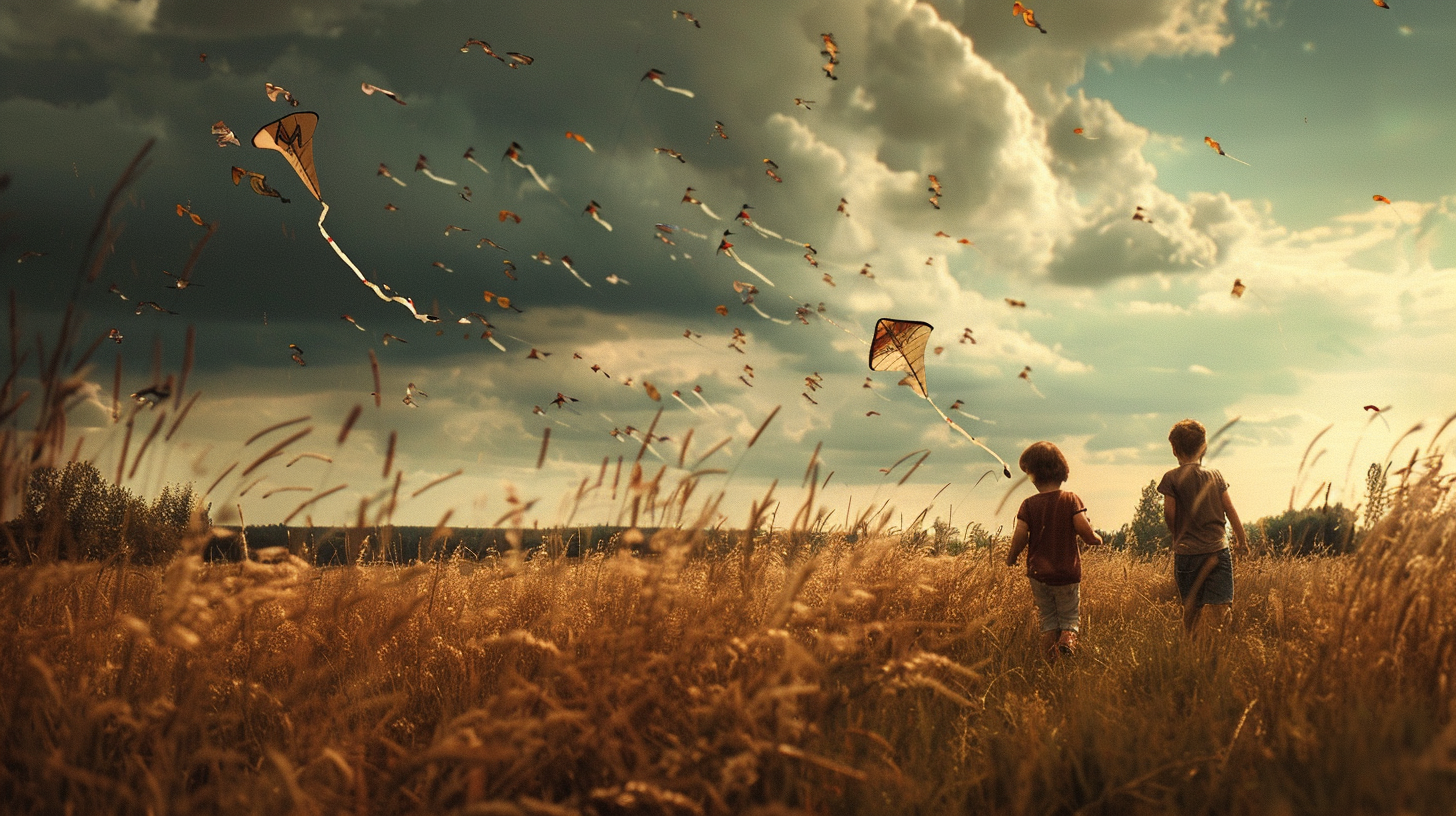 In autumn, children fly over the grass and land peacefully.