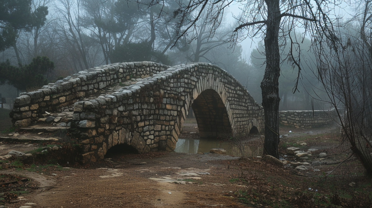 The ancient bridge is foggy, the forest is quiet, and the river is quiet.