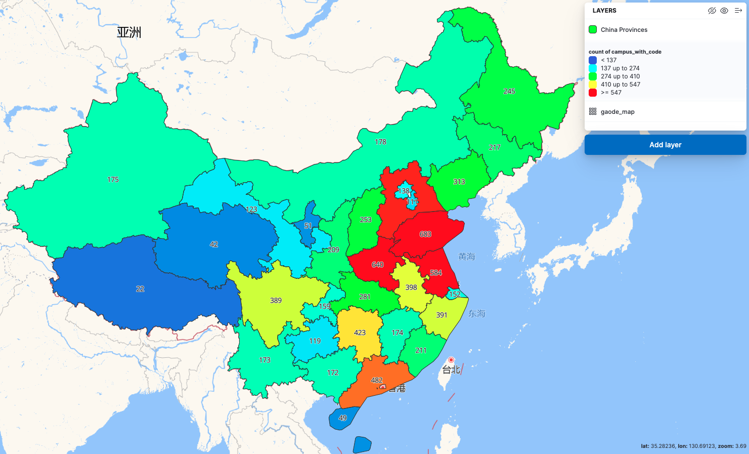 各省份的高校数量分级统计图