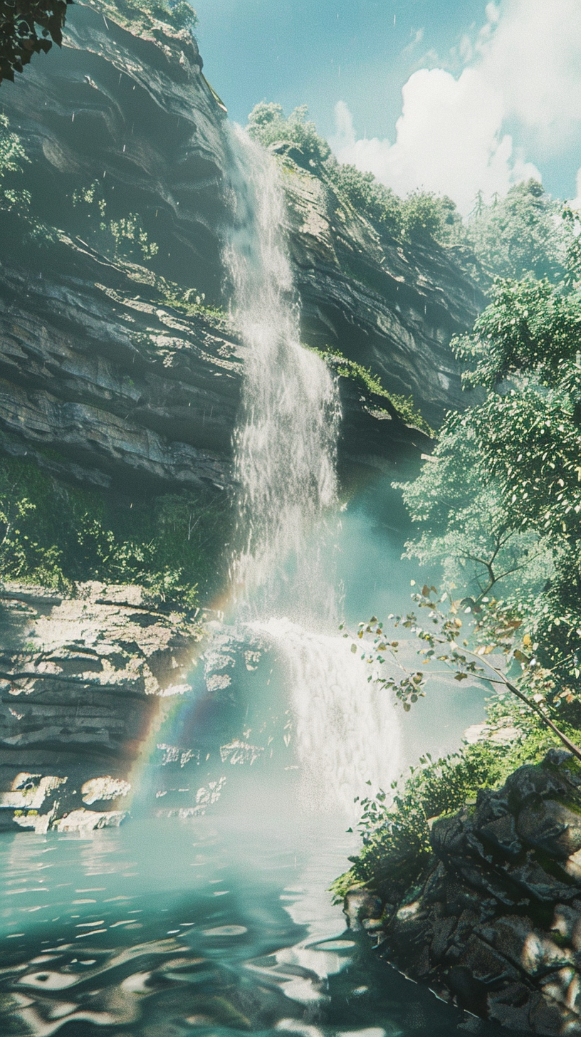 Majestic waterfall, misty spray, rainbow accompaniment.