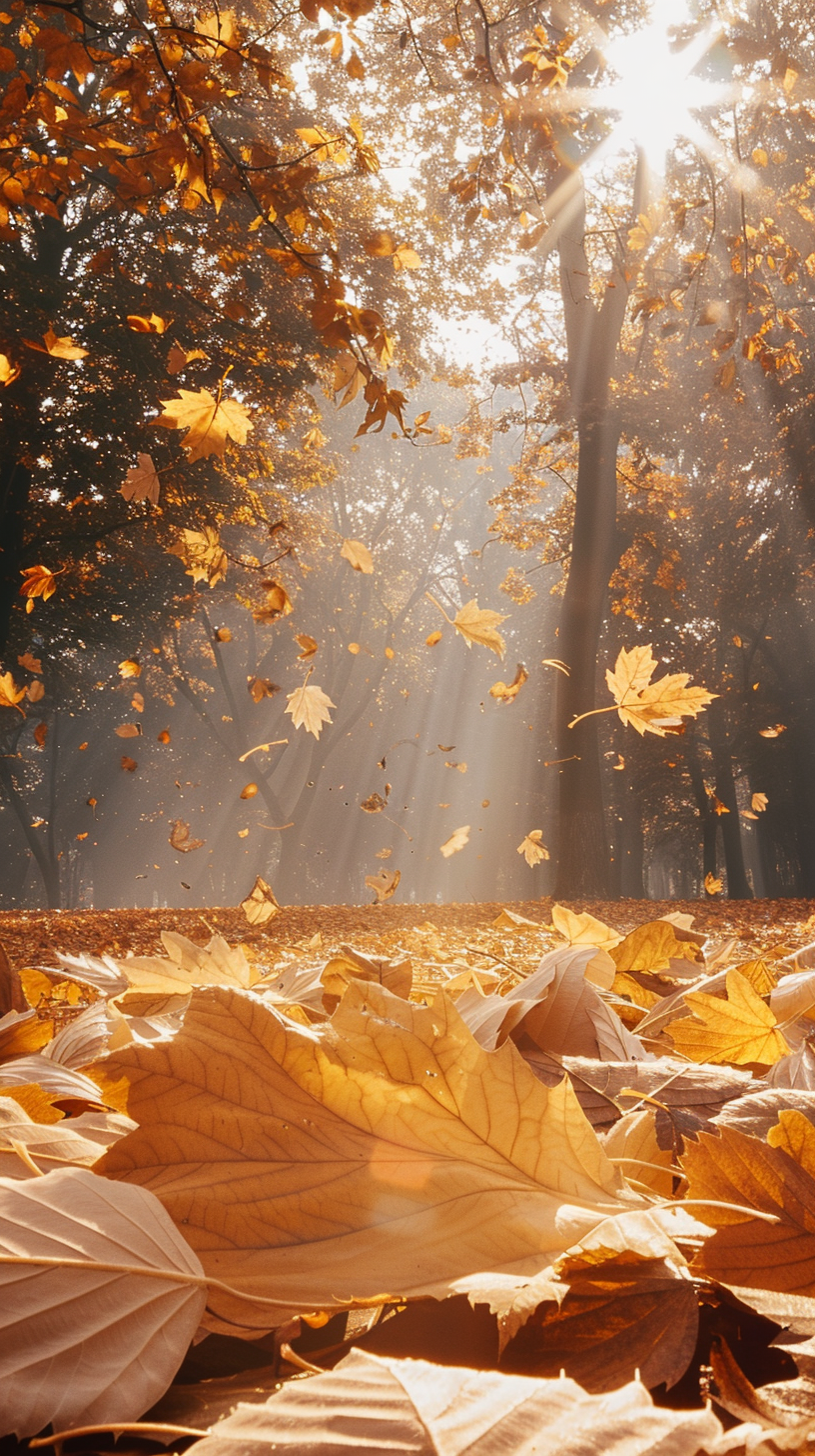 Sunbeams dance in autumn leaves, warm and serene.