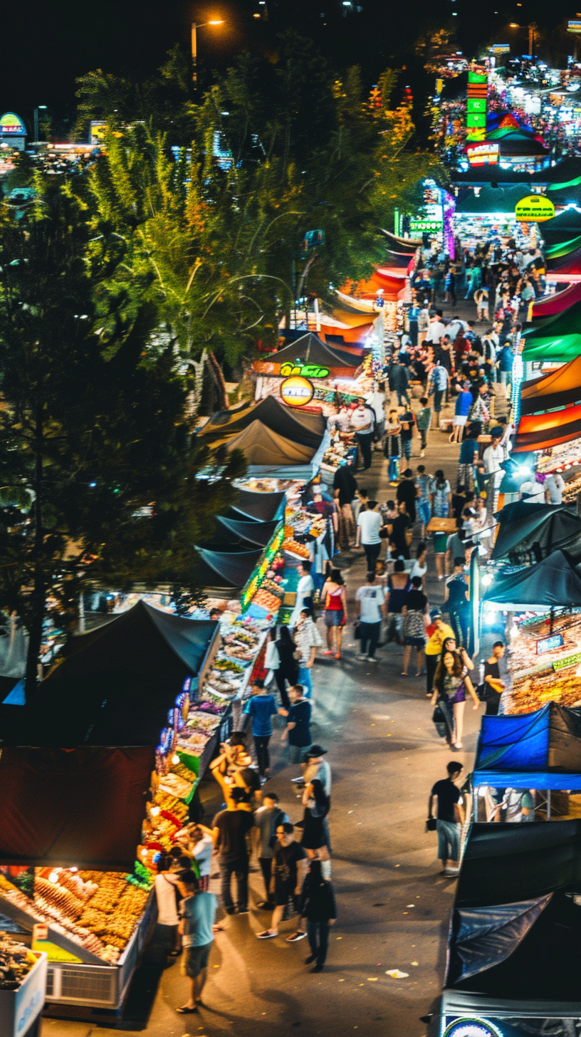 Lively night market with colorful stalls and crowds.