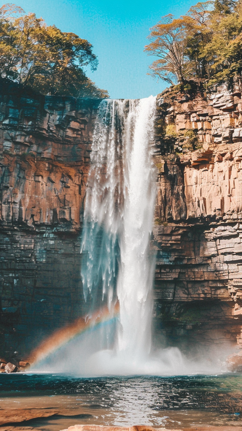 Stunning waterfall with a rainbow, serene and mysterious.