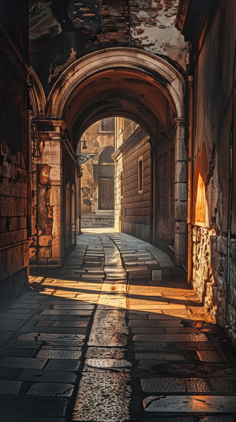 Narrow street, cobblestone, mottled walls, interplay of light.