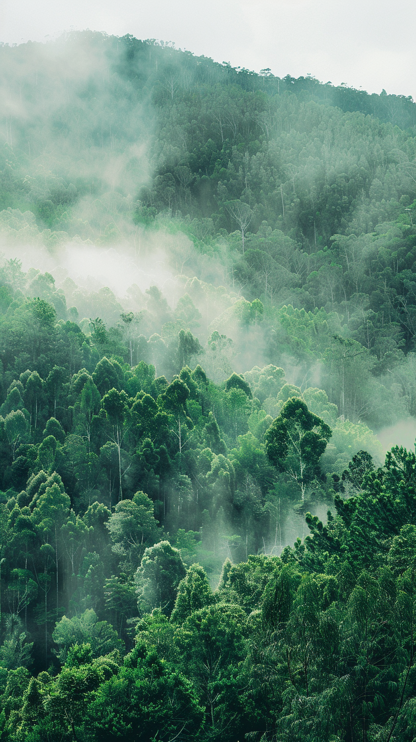 Dense green forest, veiled in mist, serene and mysterious.