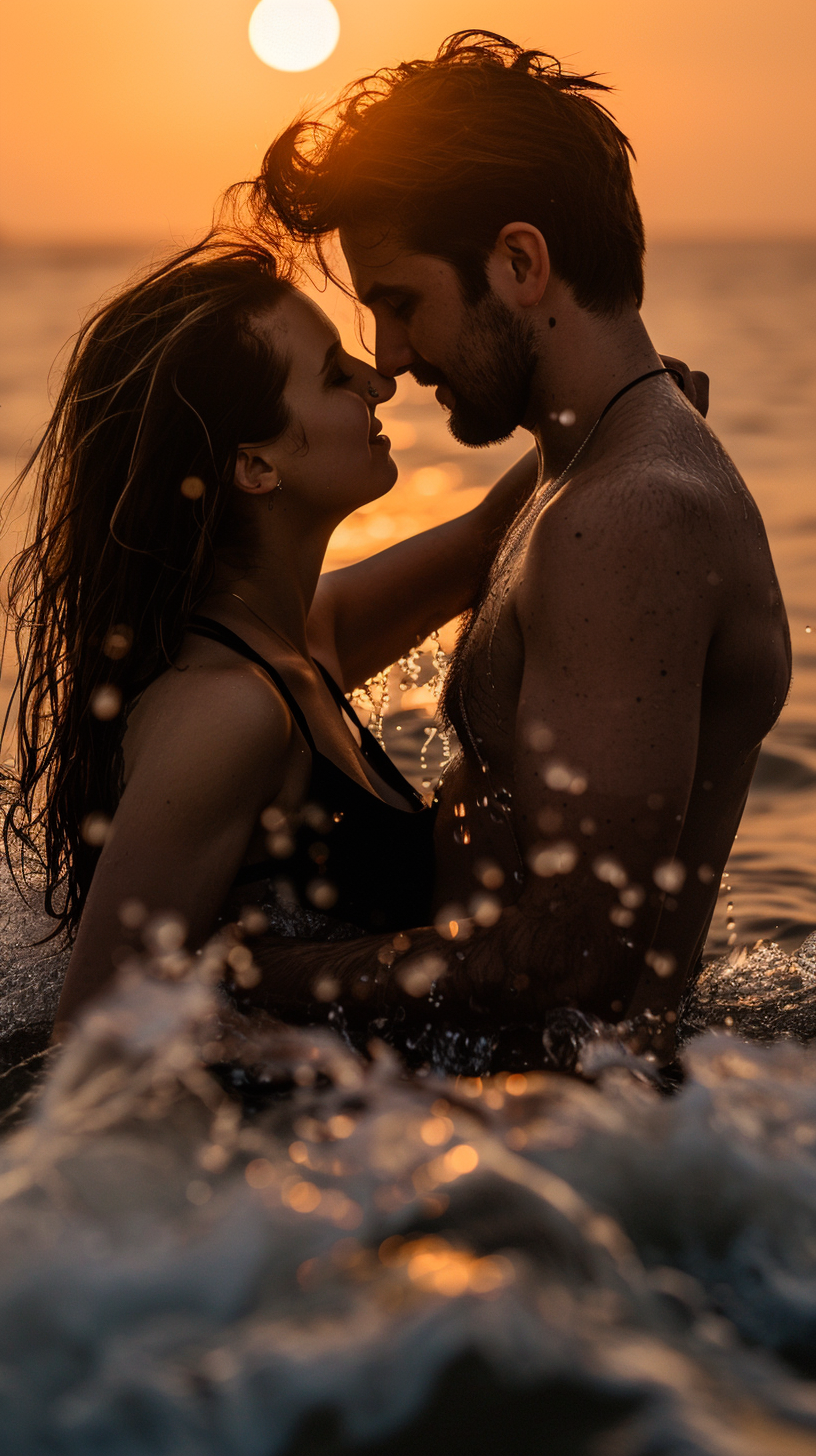 Couple embracing at sunset, romantic and cozy.