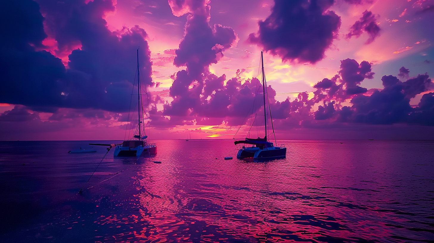 Serene sunset scene, sails towering over deep blue sea.