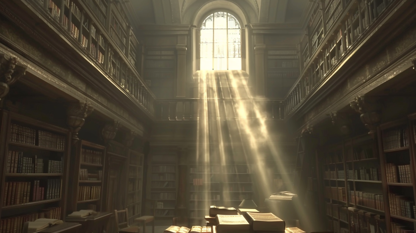 Ancient library, vast books, soft light, serene atmosphere.