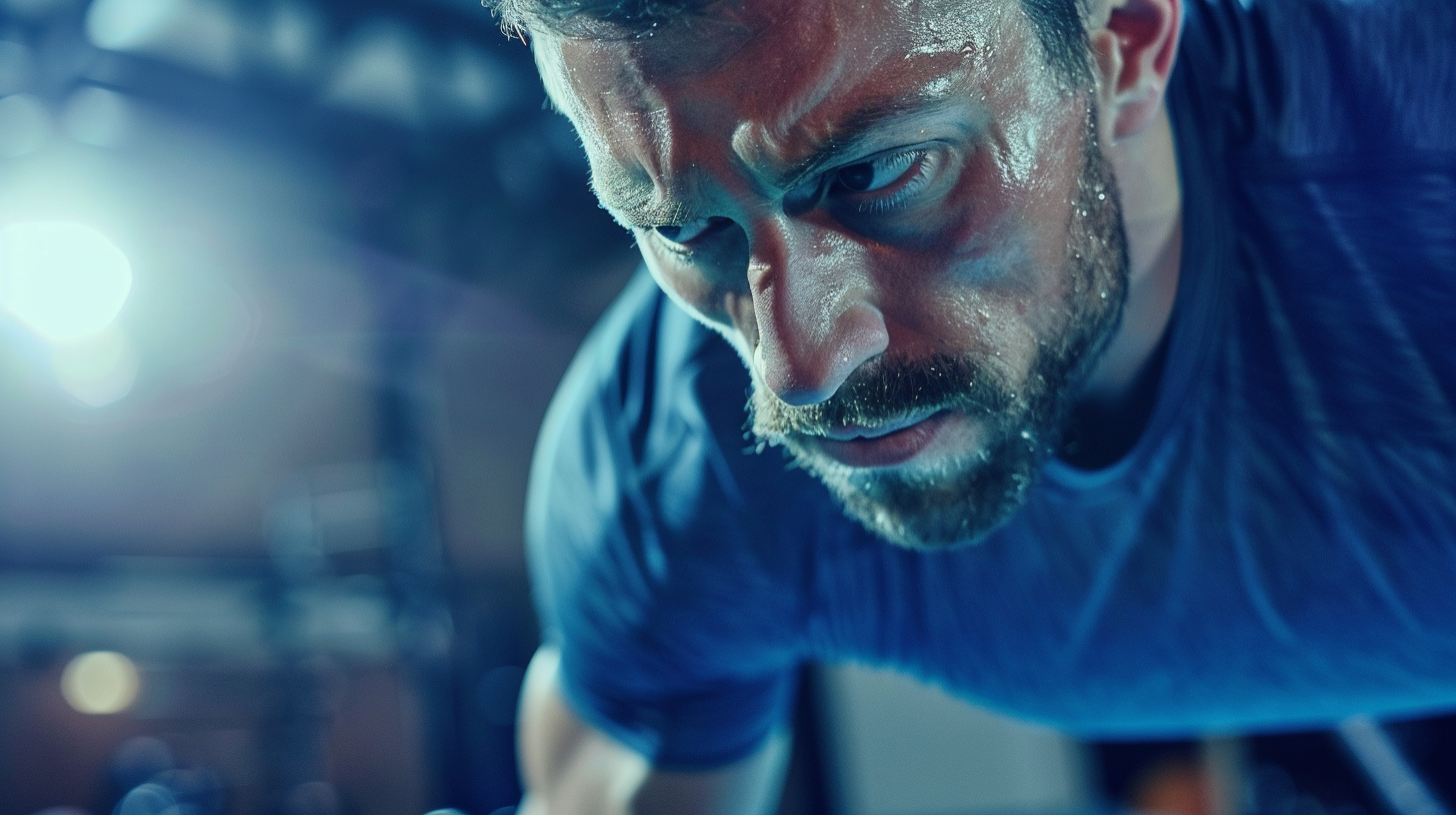 Athlete focused on training, sweat dripping.