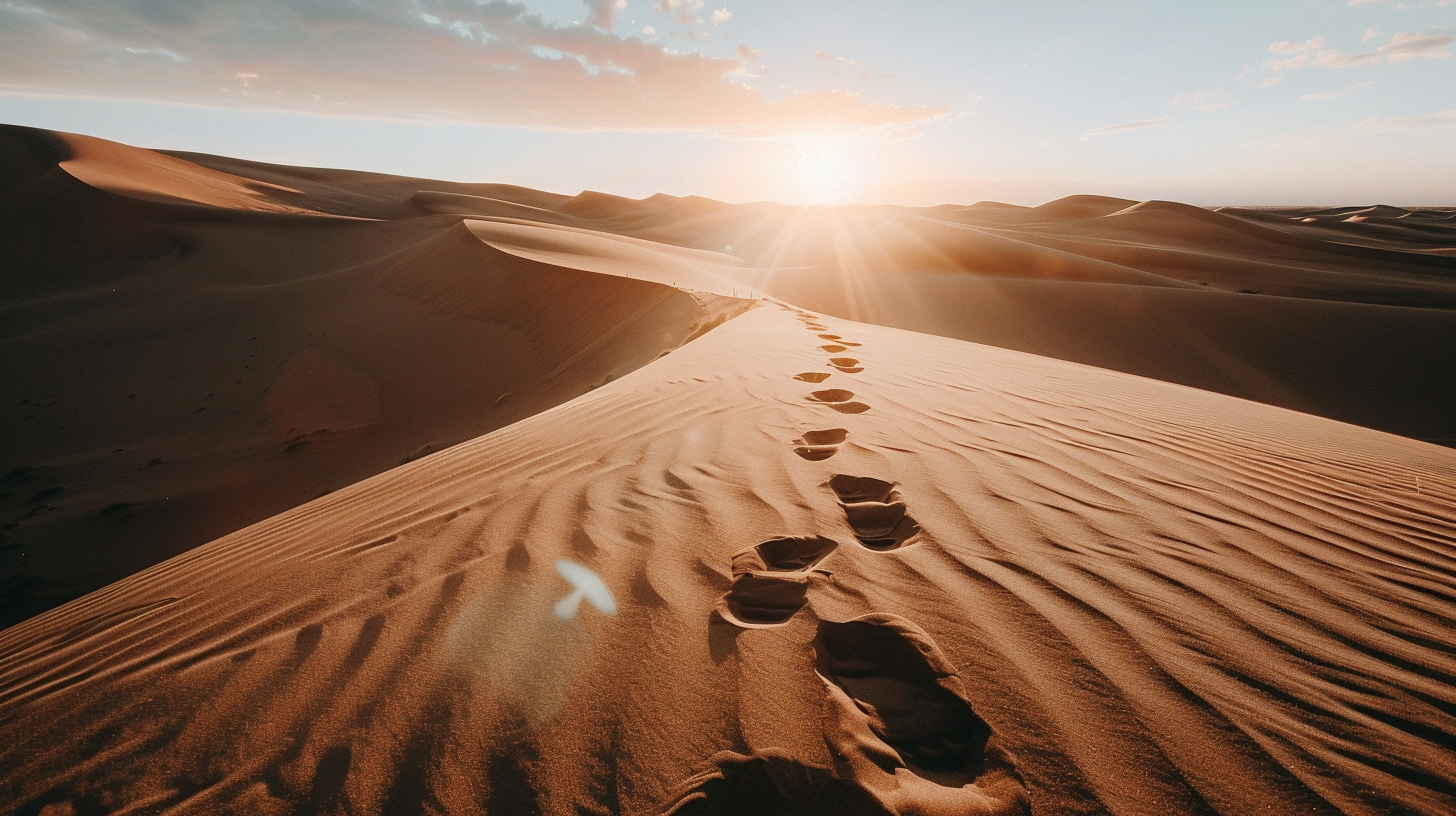 Desert sunset, lonely footprints, serene beauty.