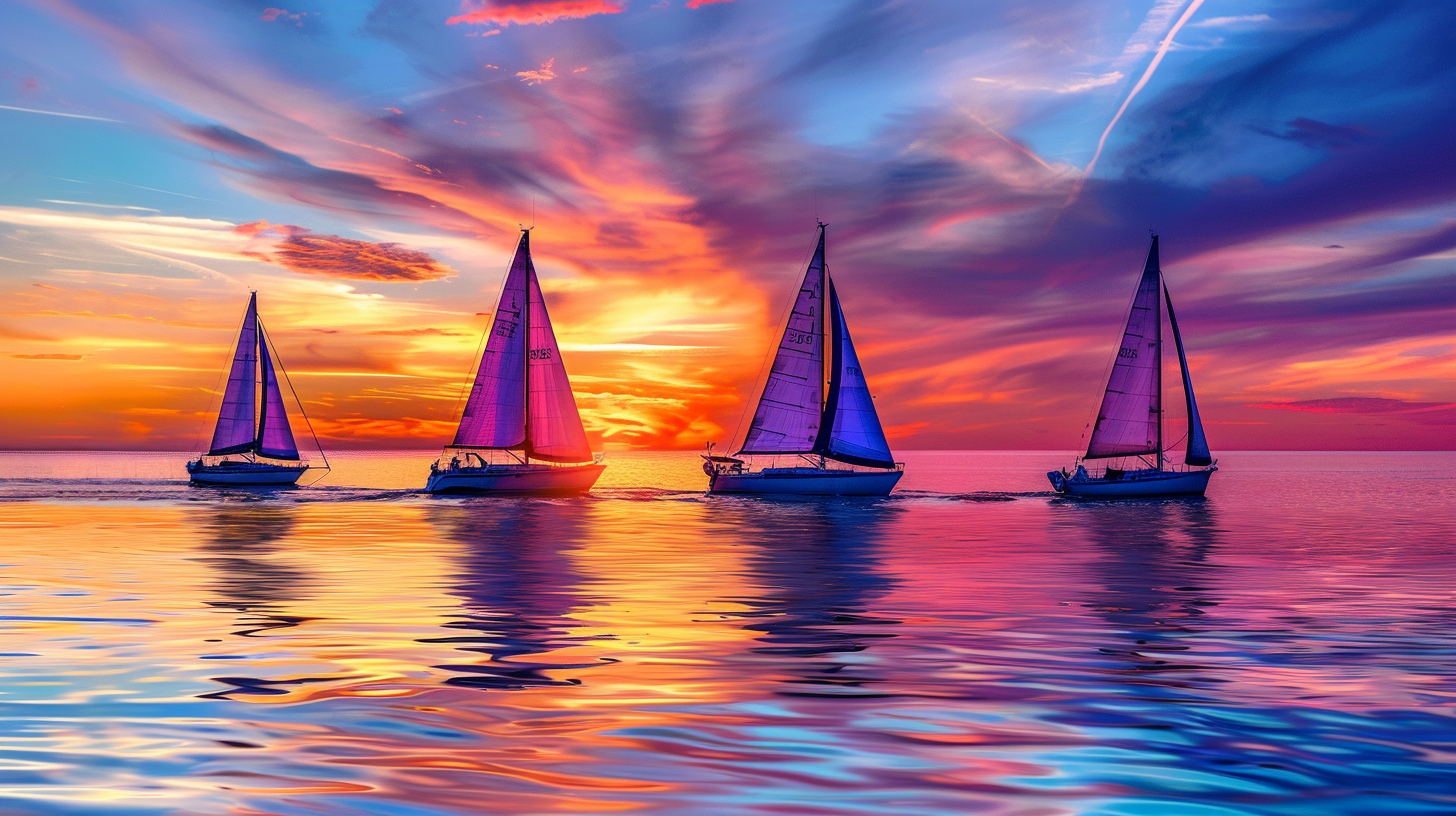 Three sailing boats cruise on a calm sea at sunset.