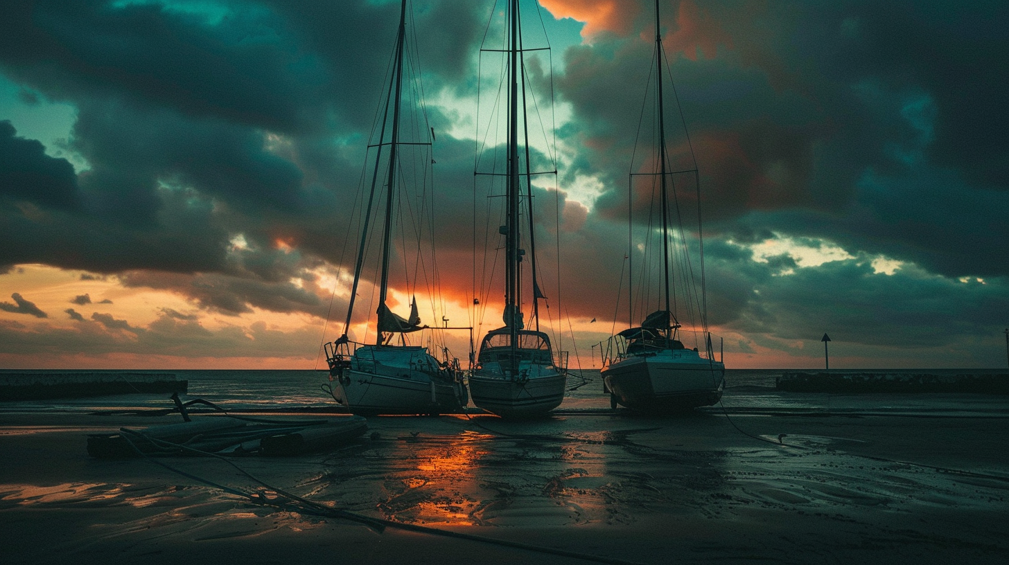 Three sailboats at sunset, serene beach, glistening water.