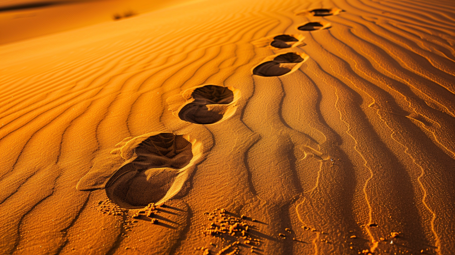 Desert footprints, sunset glow, clear walking trail.