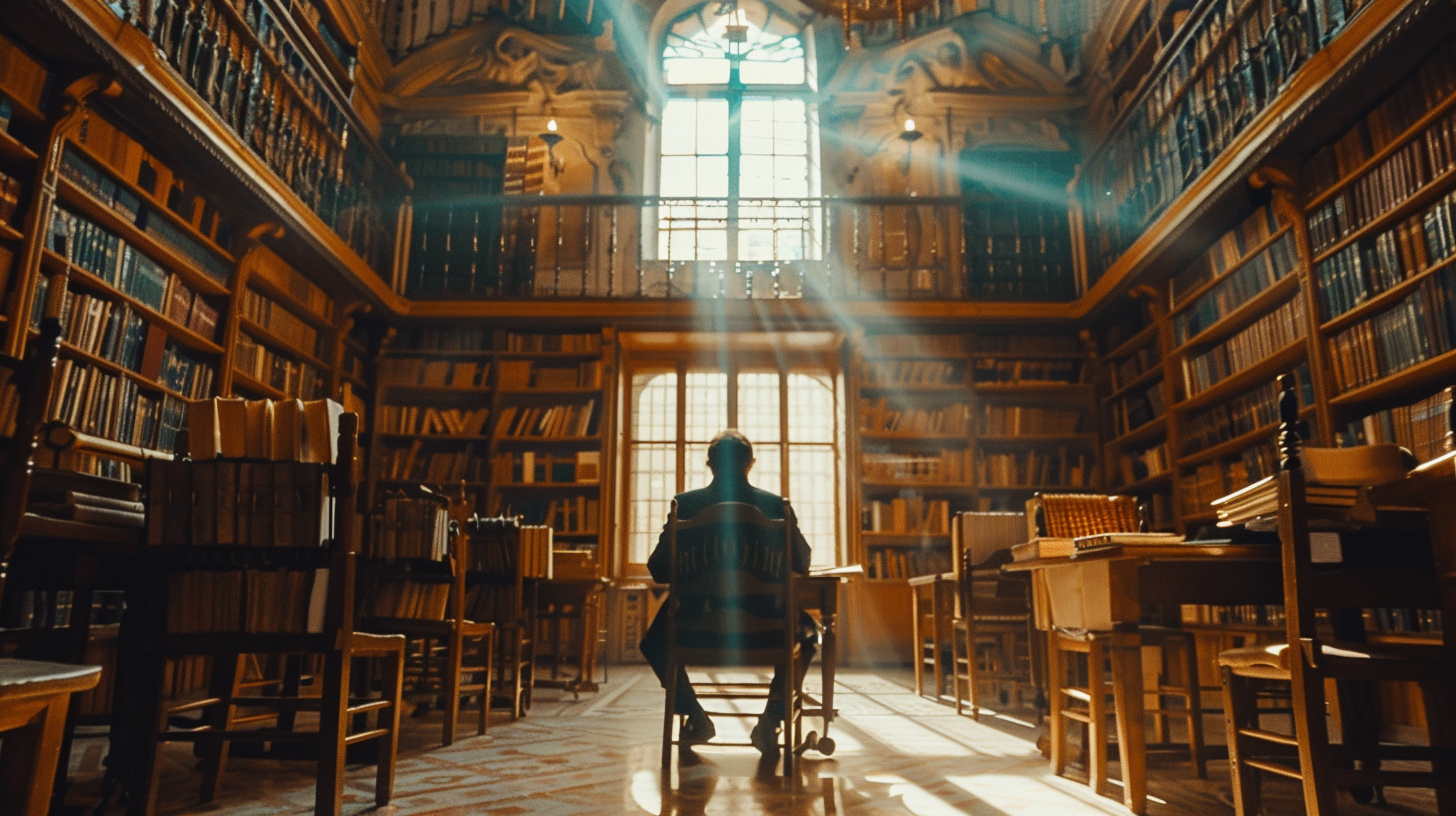 Spacious ancient library, a person reading quietly in focus.