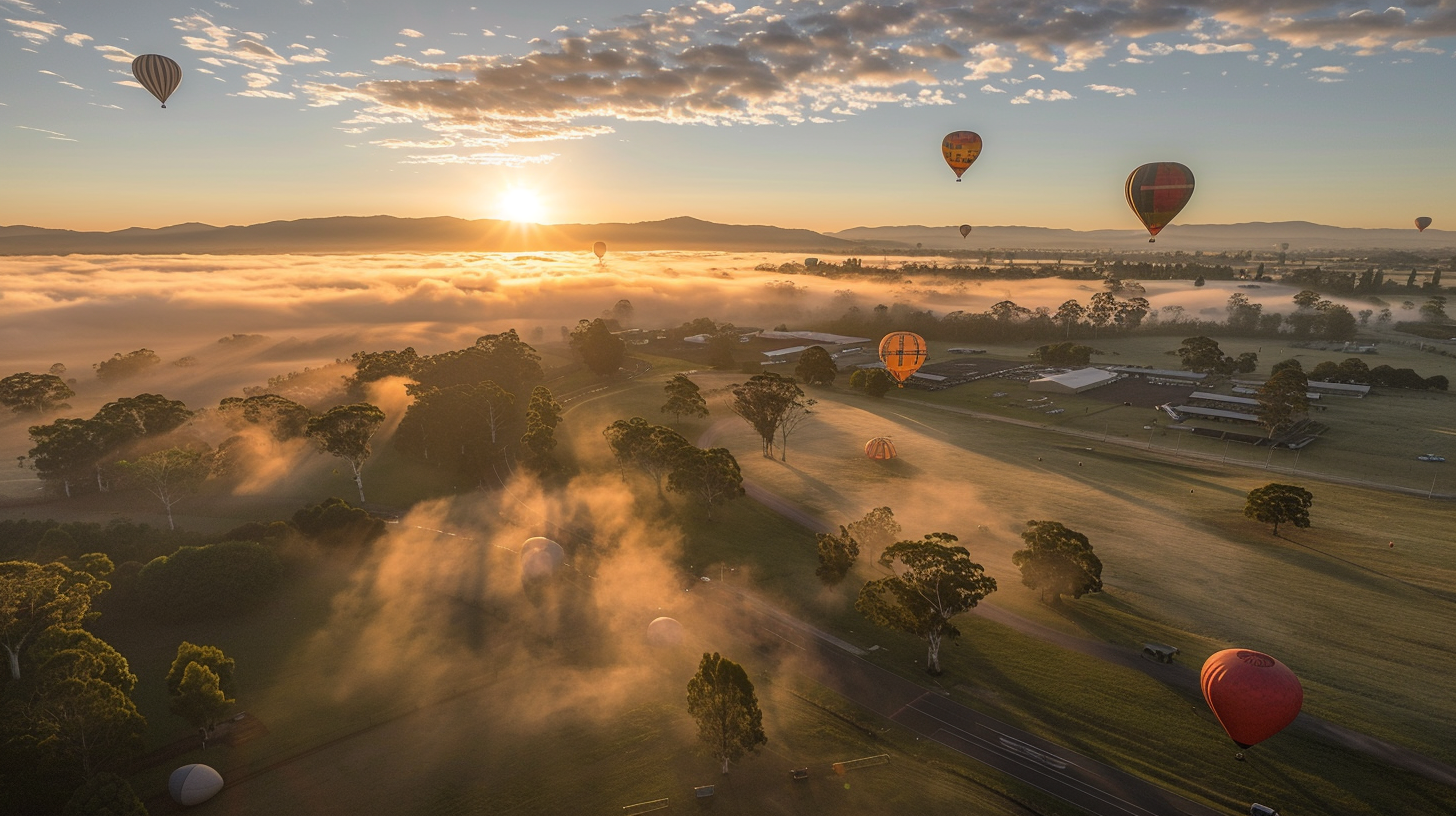 Balloons floating in dawn light, enchanting scene.