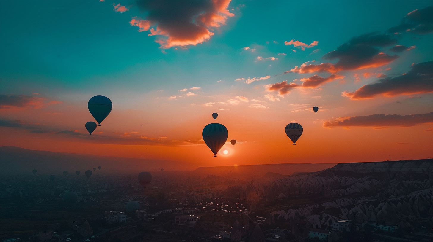 Balloons at sunrise, a beautiful mountain view.