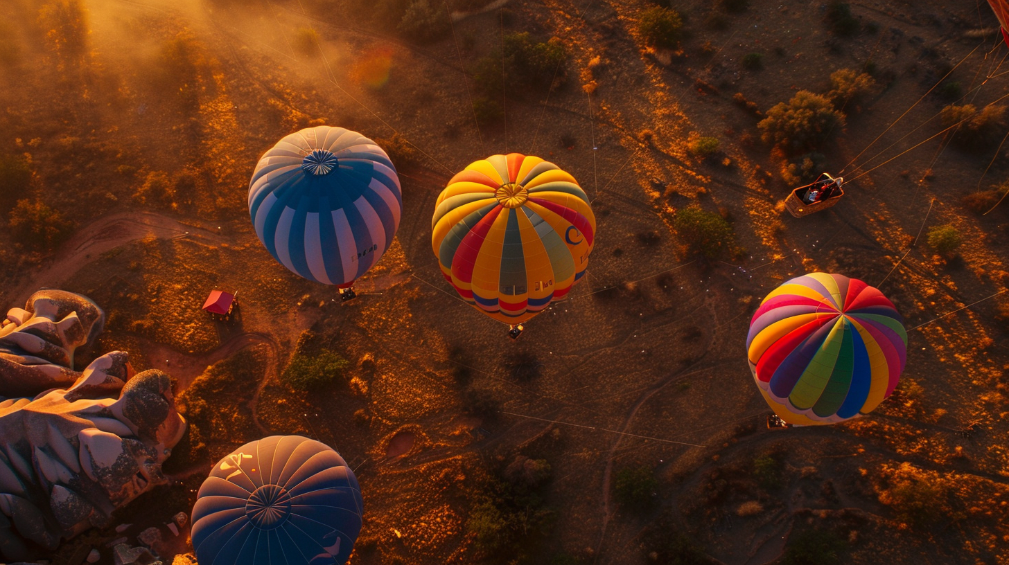 Colorful hot air balloons rise at sunrise, a picturesque scene.