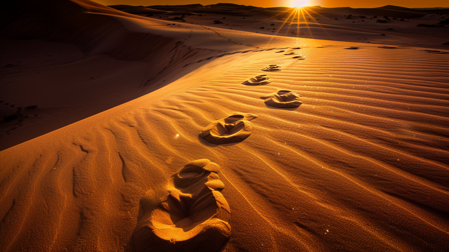 Desert sunrise, sand dune footprints, mysterious serenity.