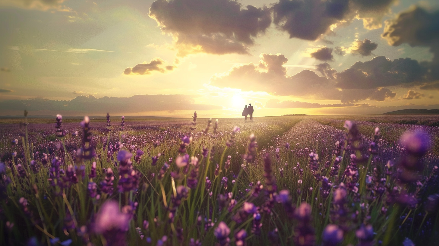 Couple in lavender field, sunset glow, romantic.