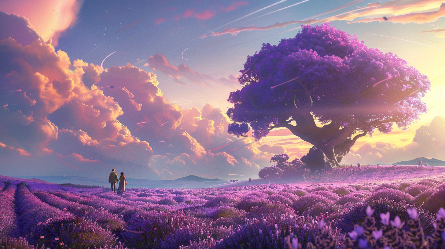 Purple tree, lavender field, lovers holding hands, dreamy peace.