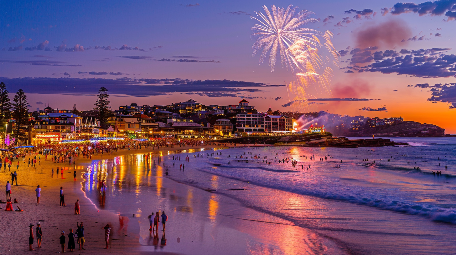 Beach fireworks dazzle at dusk, festive crowds gather.