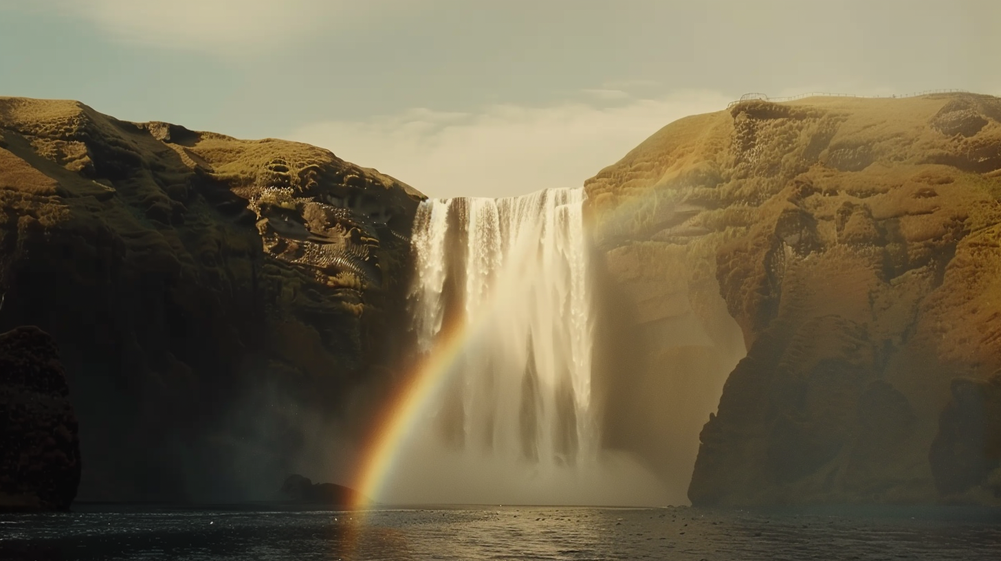 Rainbow spanning a waterfall, a magnificent scene.