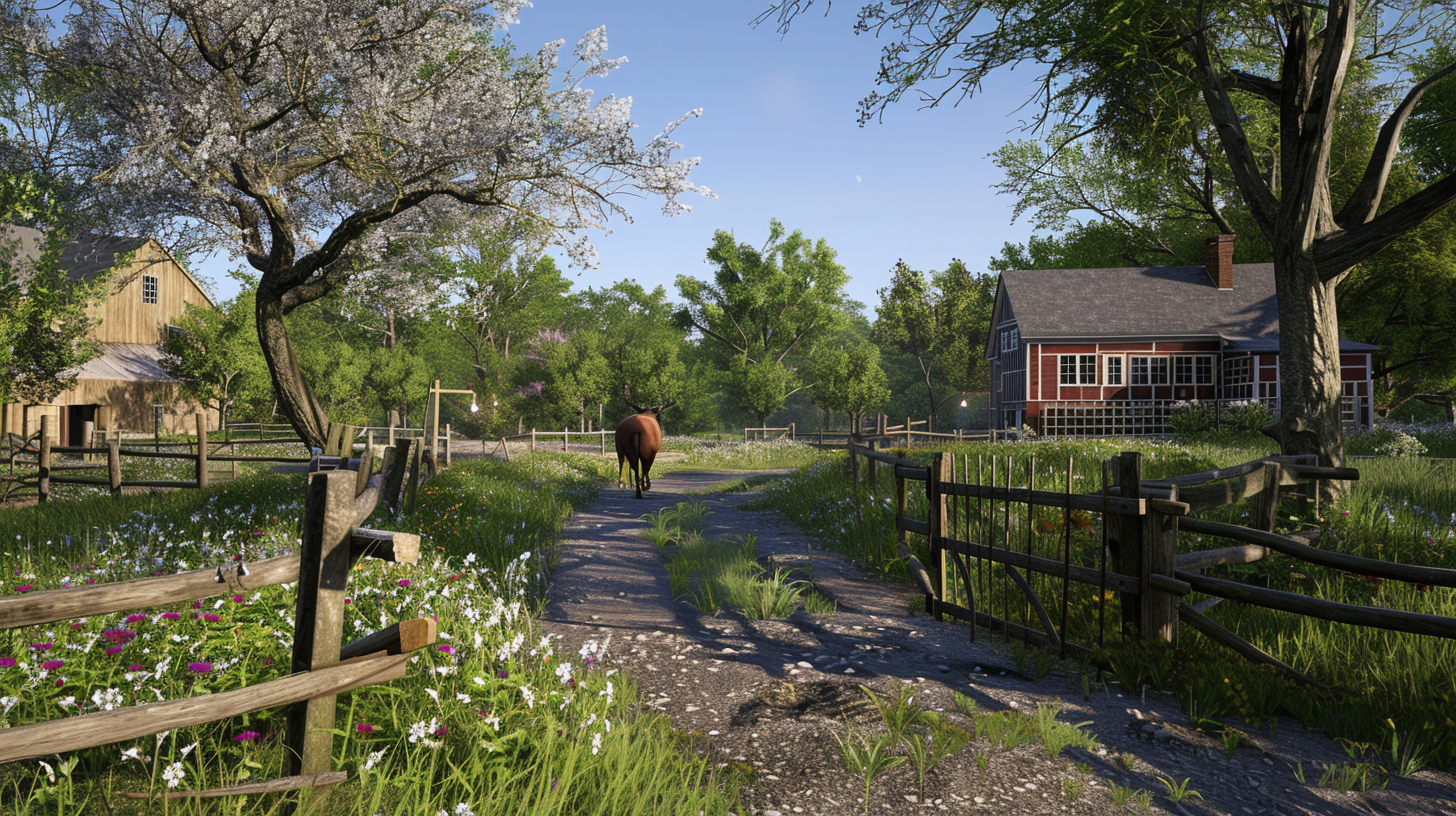 Rustic road, brown horse, red house, green fields, serene beauty.