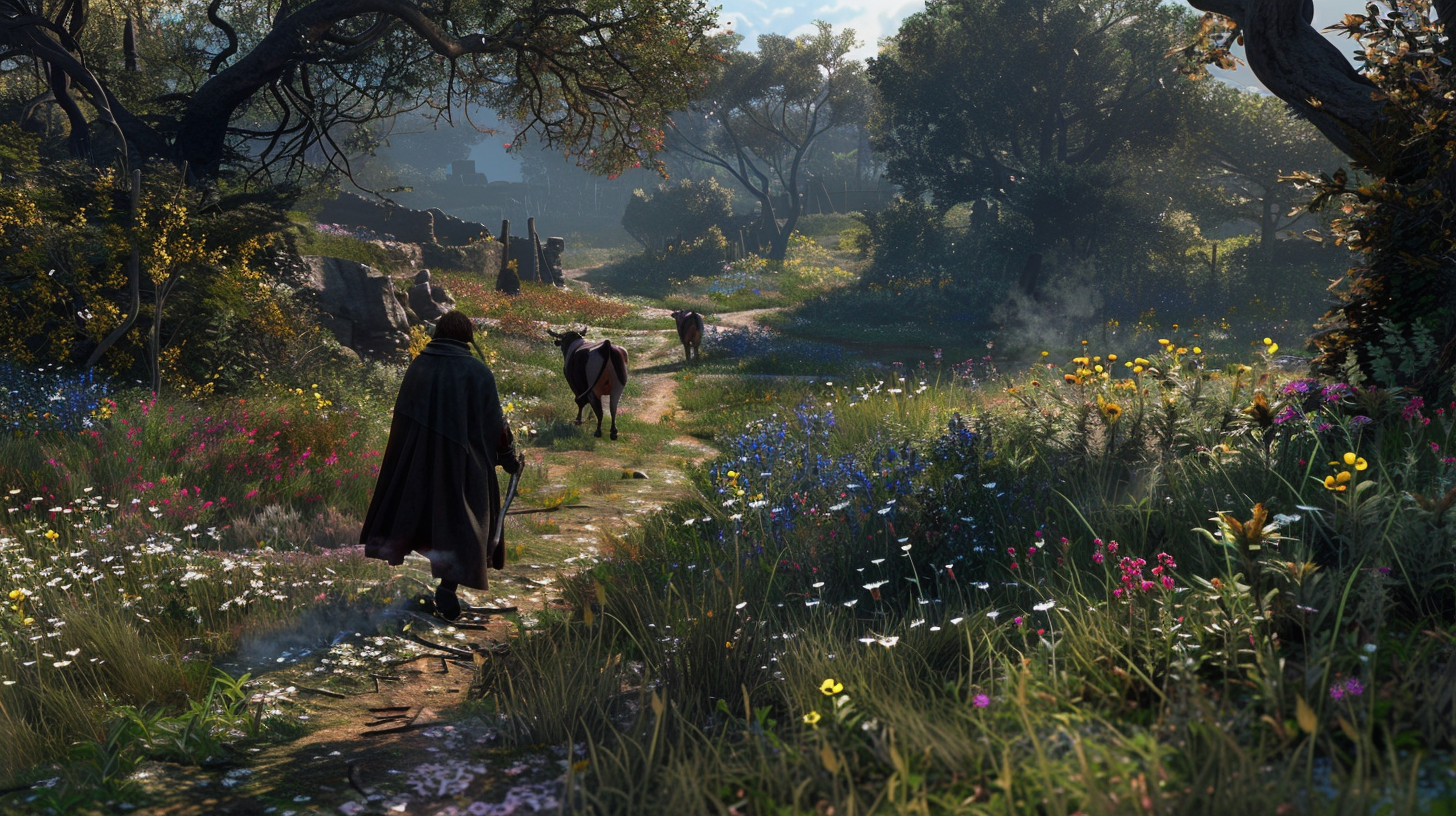 Rural path, wildflowers bloom, knight walks, old and serene.