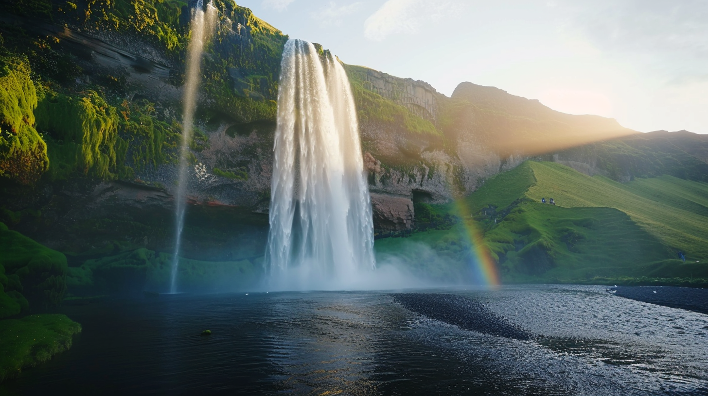 Cascading waterfall, sunny beams, lush greenery, rolling hills.