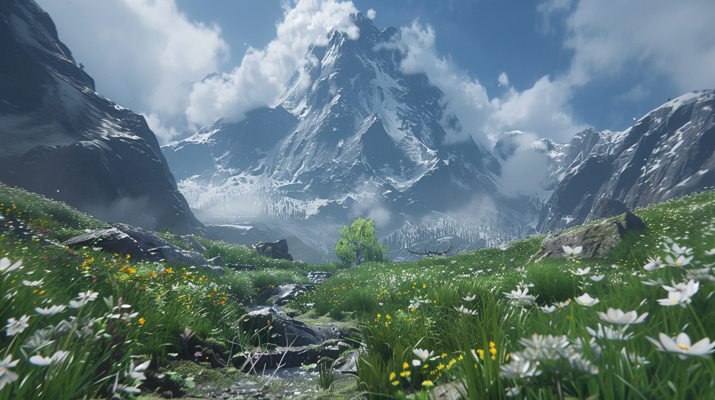 Towering snow mountains, verdant grass, breathtaking nature.