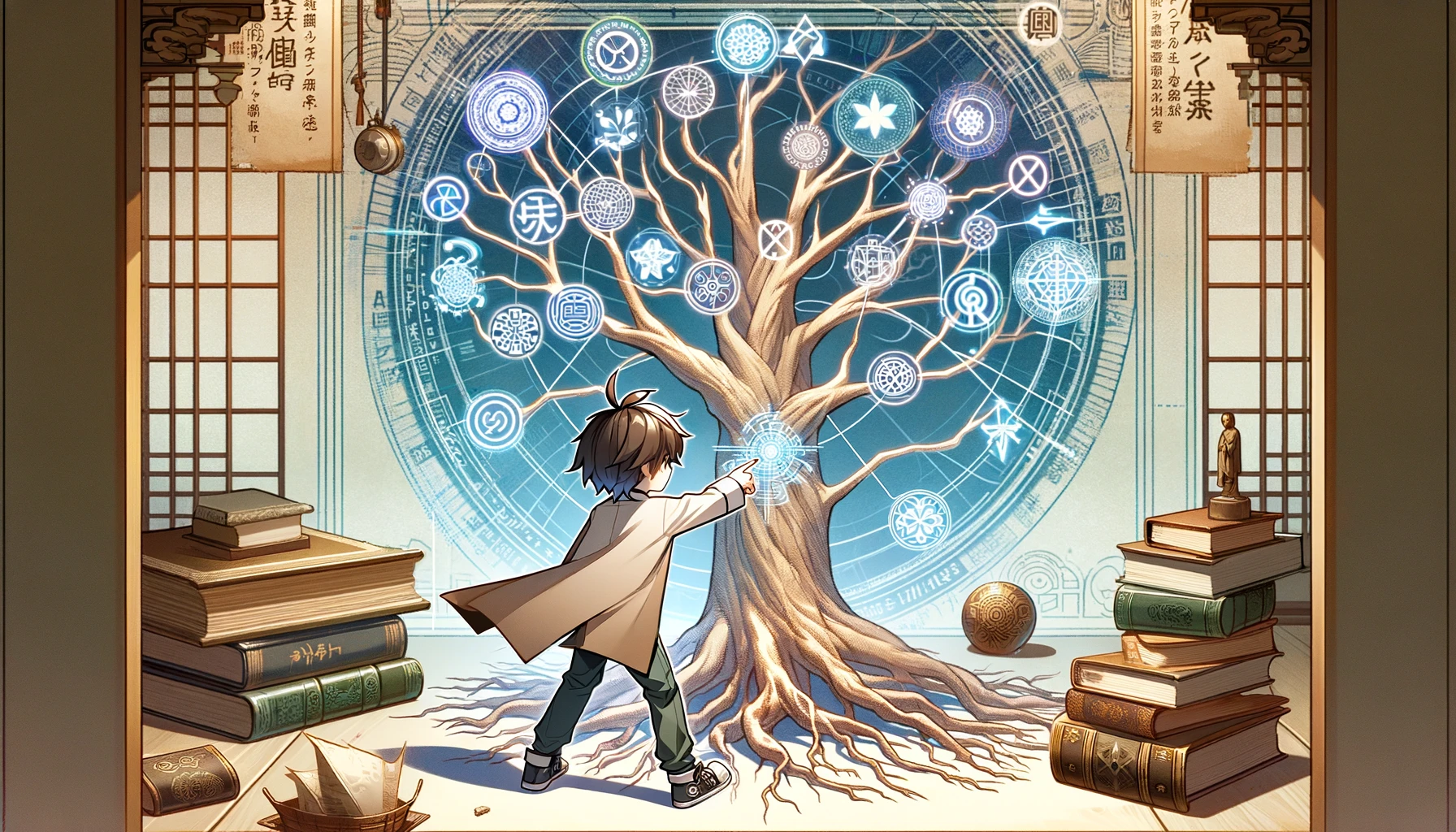 A character tracing the roots of a tree, with symbols and words branching out from the roots to represent their origins. The background includes elements like books and ancient scrolls to emphasize the concept of tracing something back to its source. The scene highlights the idea of obtaining or deriving something from its origin.