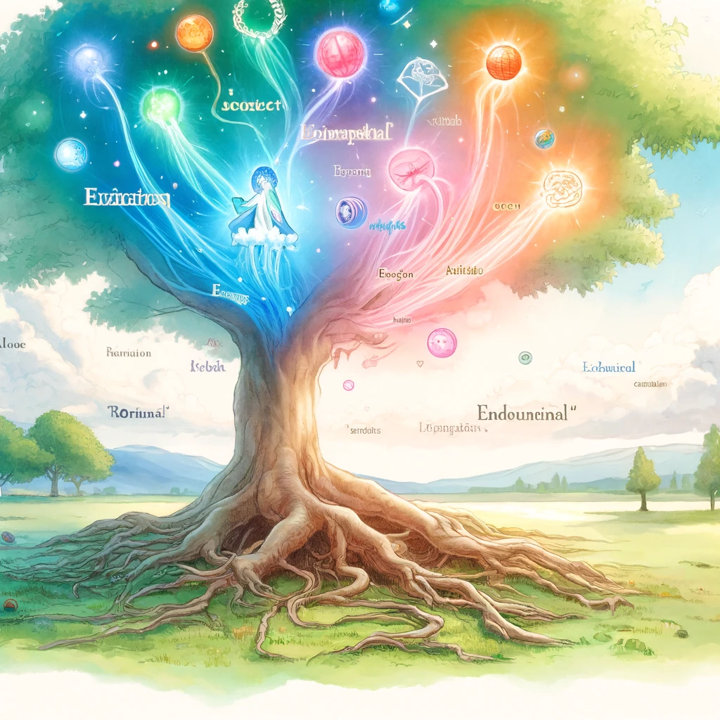 The scene features a large tree with its roots extending deep into the ground, symbolizing how a tree derives its nutrients from its roots. Above the ground, words and concepts are illustrated as colorful, ethereal forms emerging from the roots and floating around the tree, representing their derivation from origins. The background is a serene landscape with soft, pastel colors to enhance the tranquil and educational feel of the image. The overall style should be dreamy and instructional, capturing the essence of derivation in a visually appealing way.