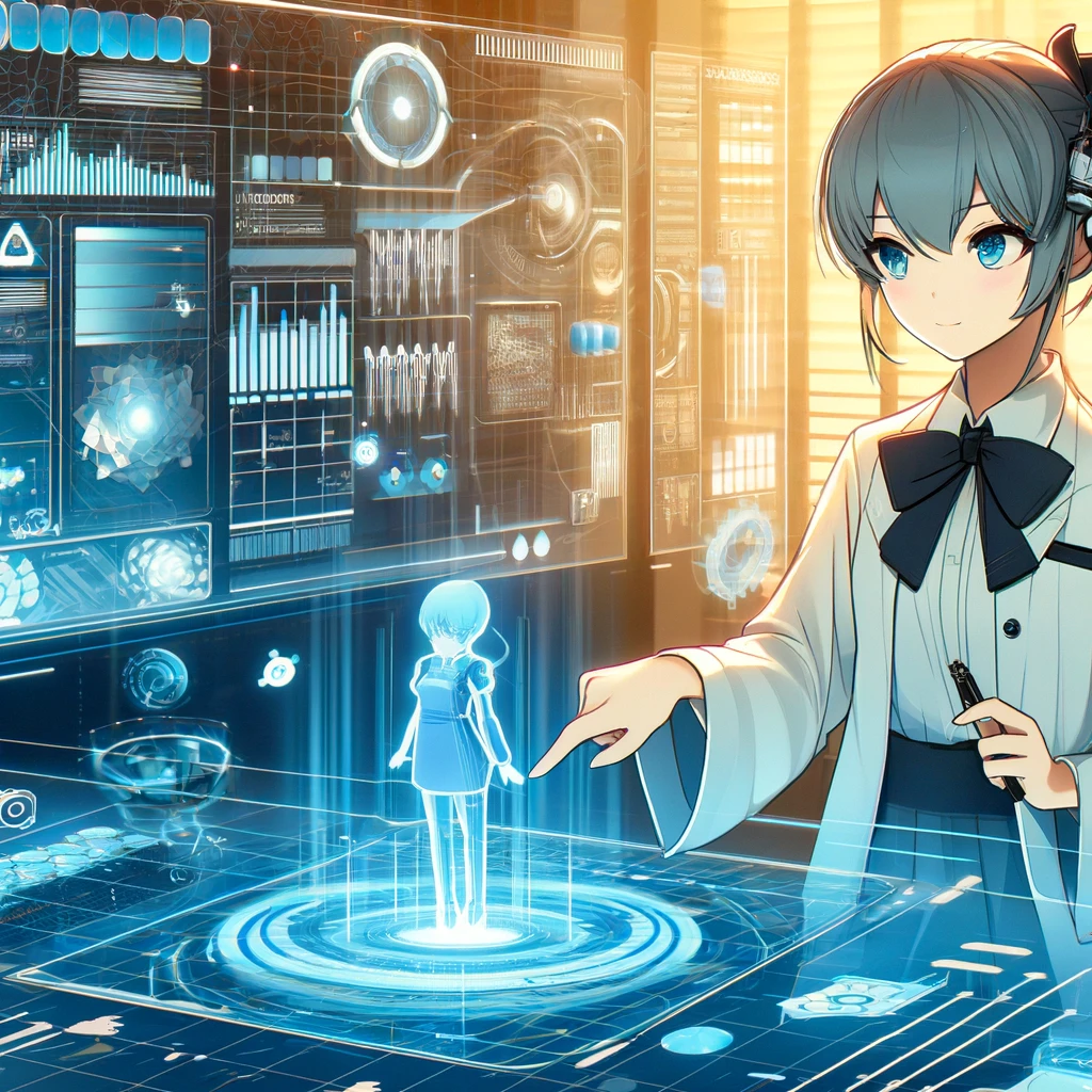 A character is showcasing or interacting with advanced technology, such as a futuristic computer or a high-tech gadget. The background includes elements like holograms and sleek, modern designs to emphasize the advanced and cutting-edge nature of the technology. The scene highlights the concept of being at the forefront of development and innovation.