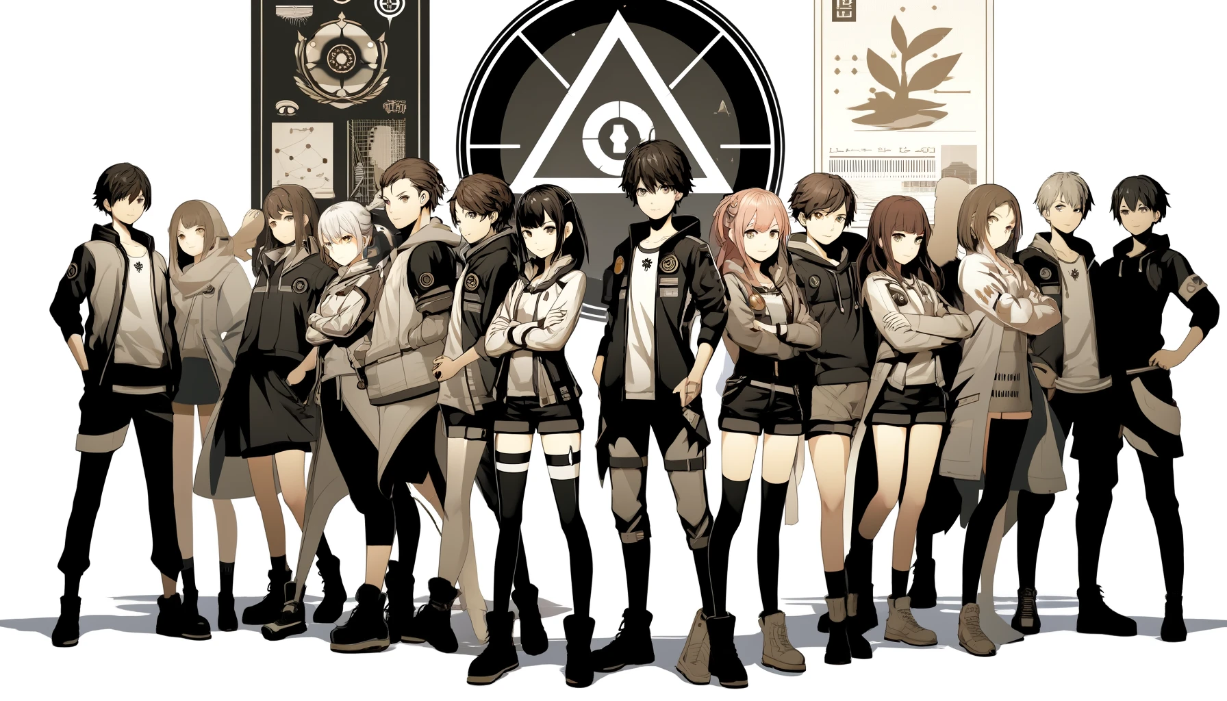 Picture a group of characters standing together, showing unity and camaraderie. They are all dressed similarly or have a common symbol that represents their shared characteristic. The background includes elements that highlight their common purpose or goal, emphasizing the concept of a supportive group or team.