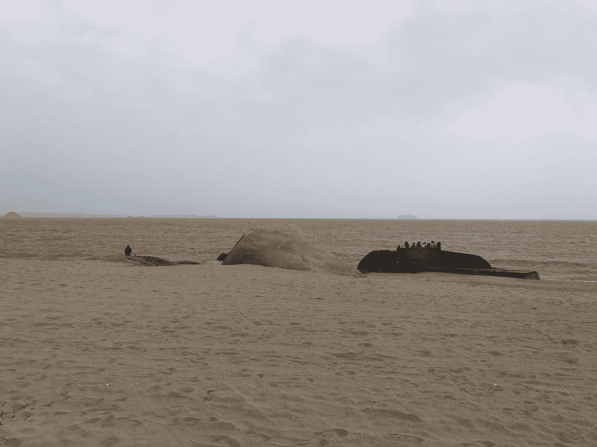 Sand mounds and people in the desert using an iPhone, with the mounds and people in the center of the frame.