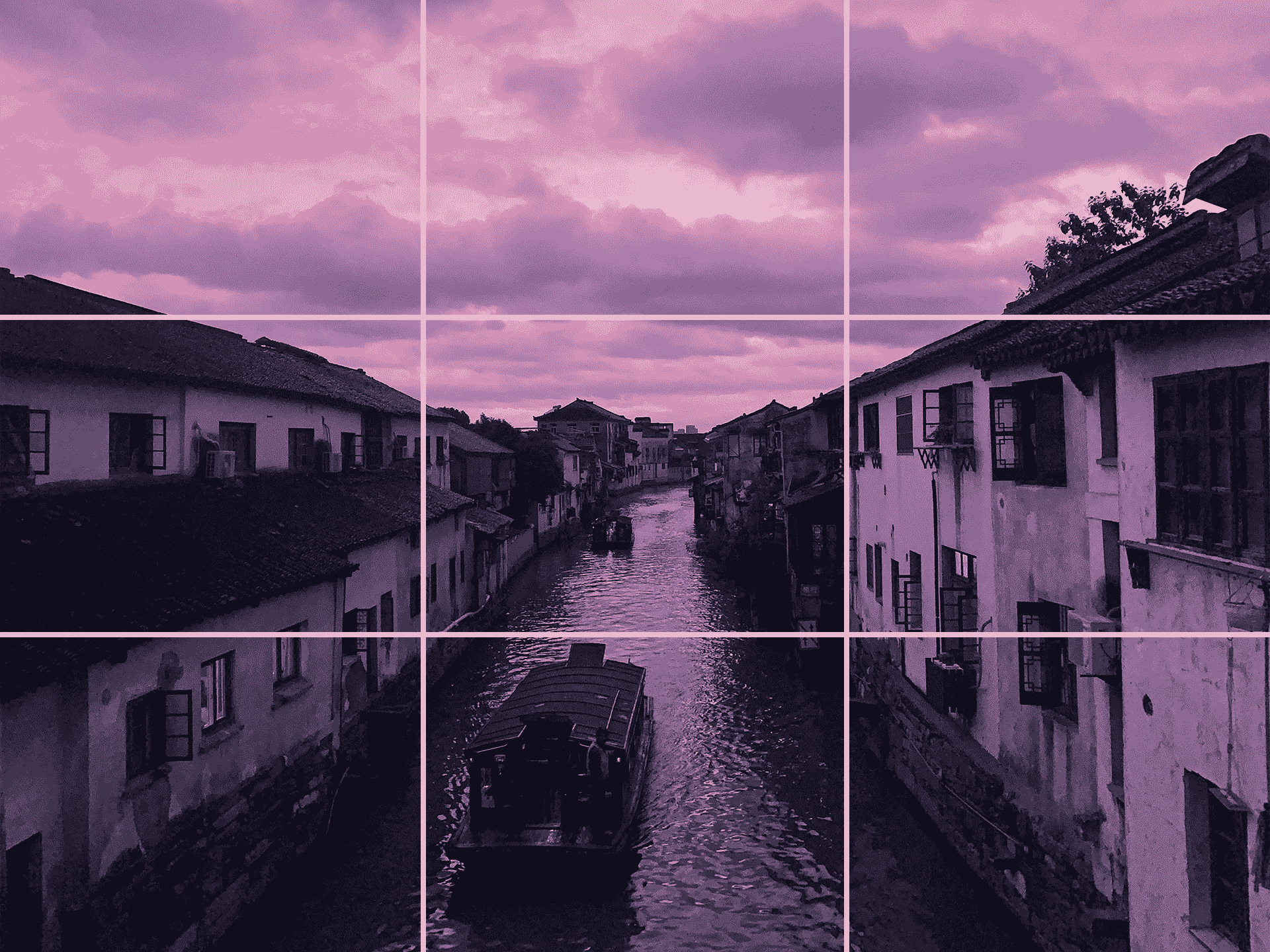 Photo of a river, sky, and ancient buildings divided into thirds, taken with an iPhone during typhoon season.