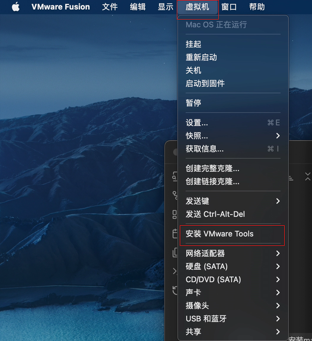 2.On the host machine, open the Virtual Machine dropdown menu from the top menu bar and select Install VMware Tools
