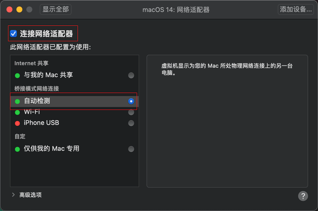 Choose the Bridged Networking option under Network Connection, select Autodetect, and check the Connect network adapter box